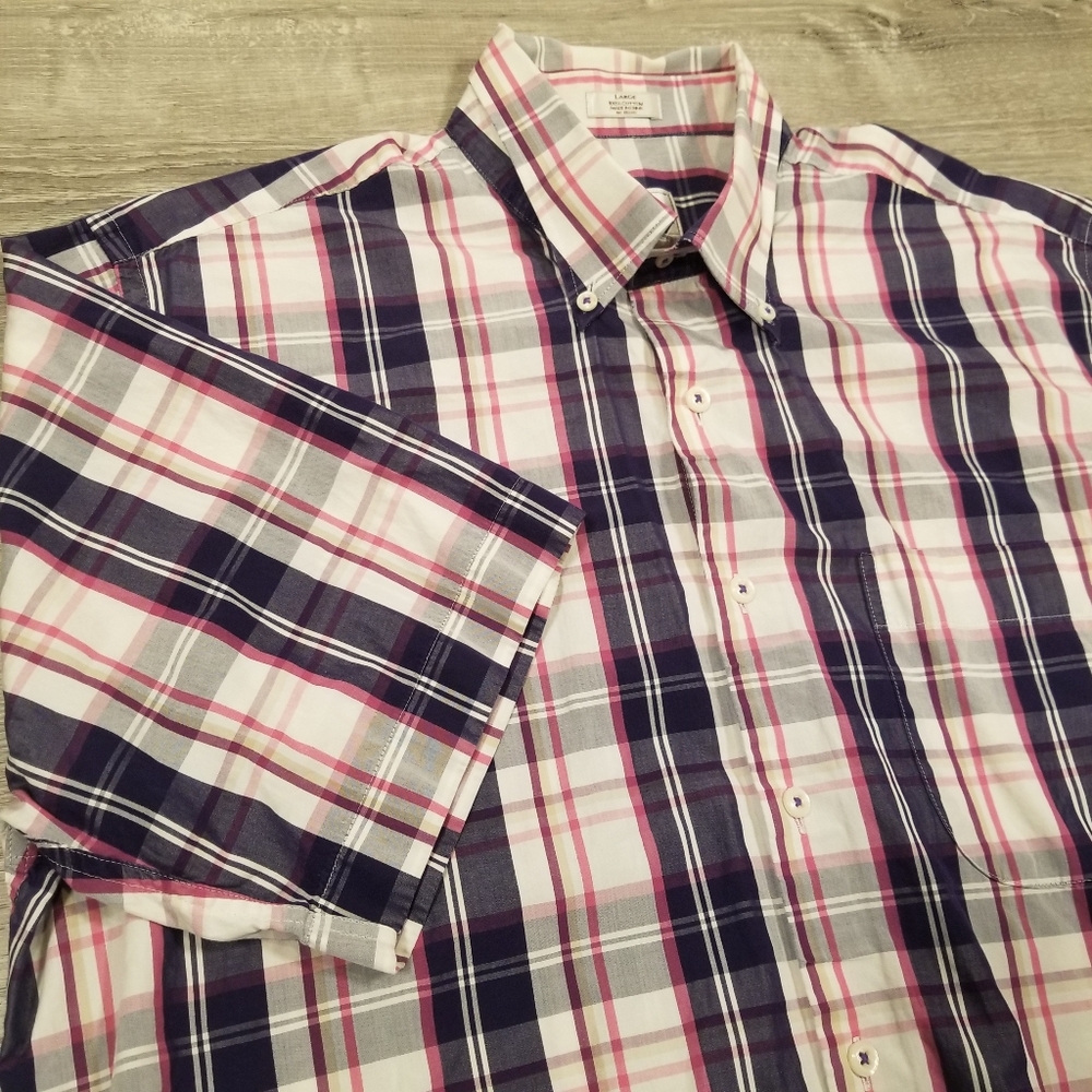 Peter Millar Mens Button Up Shirt Large Short Sleeve Plaid Purple Pink White